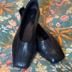 Zara Black Leather Square-Toe Flats
